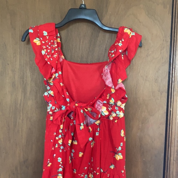 Relist7/18❌ LC LAUREN CONRAD red with lemon & floral print tie back dress - Picture 7 of 16